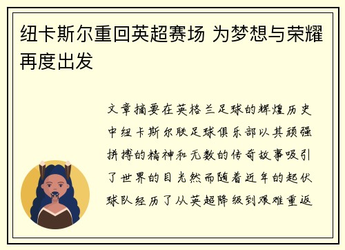 纽卡斯尔重回英超赛场 为梦想与荣耀再度出发 纽卡斯尔重回英超赛场 为梦想与荣耀再度出发