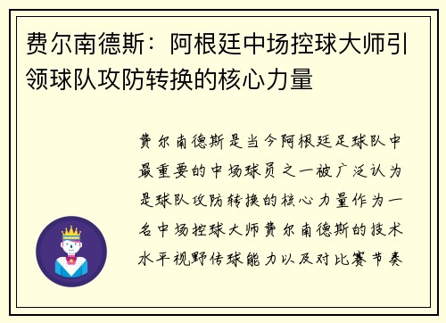 费尔南德斯:阿根廷中场控球大师引领球队攻防转换的核心力量 费尔南德斯:阿根廷中场控球大师引领球队攻防转换的核心力量